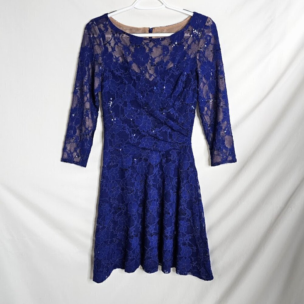 LAUREN RALPH LAUREN Dress size 2 NAVY BLUE LACE Cocktail Fit & Flare Prom Pretty - Picture 2 of 8